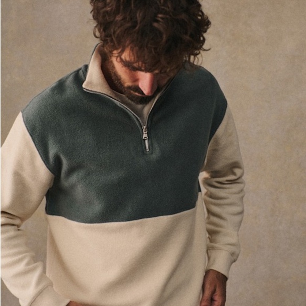 Men's Two-Tone Zip-Up Fleece Pullover - Green & Cream Bainton
